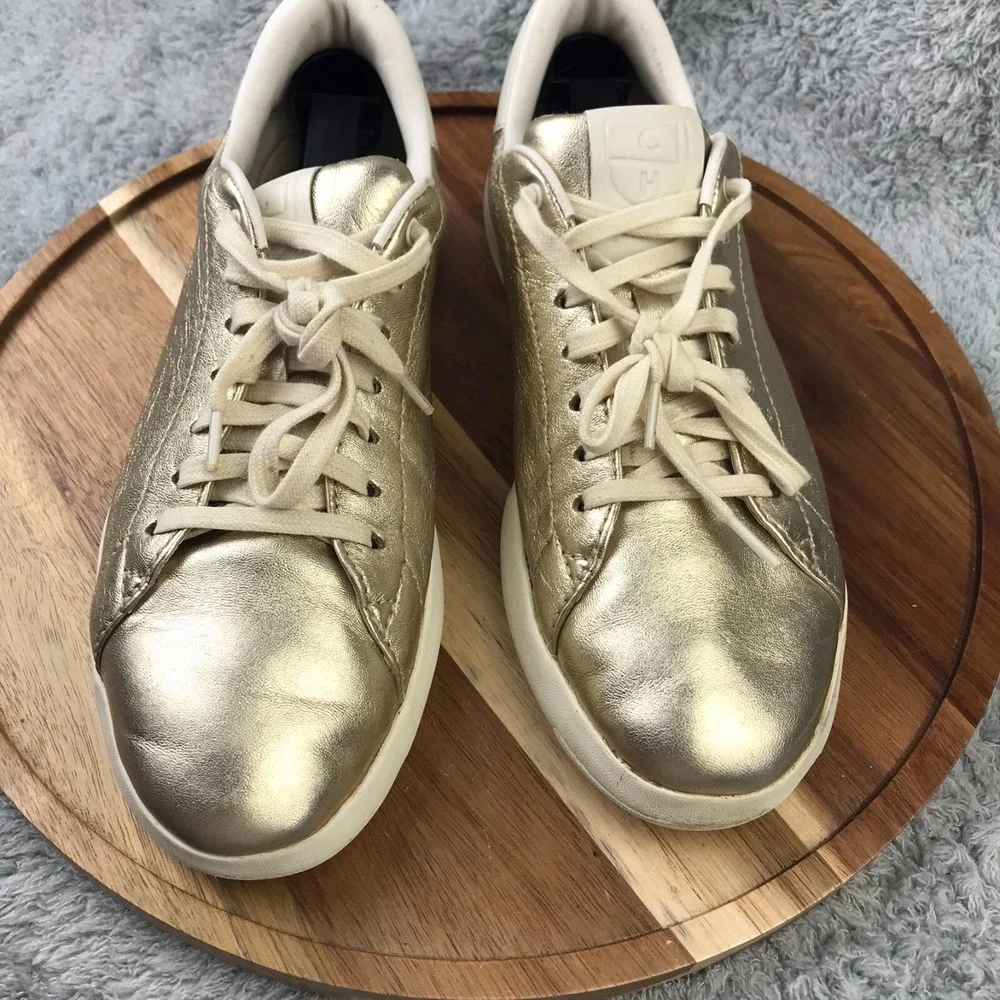 Cole Haan Grand Pro Tennis Shoe Womens 9B Metallic Gold Leather Lace Up Sneakers